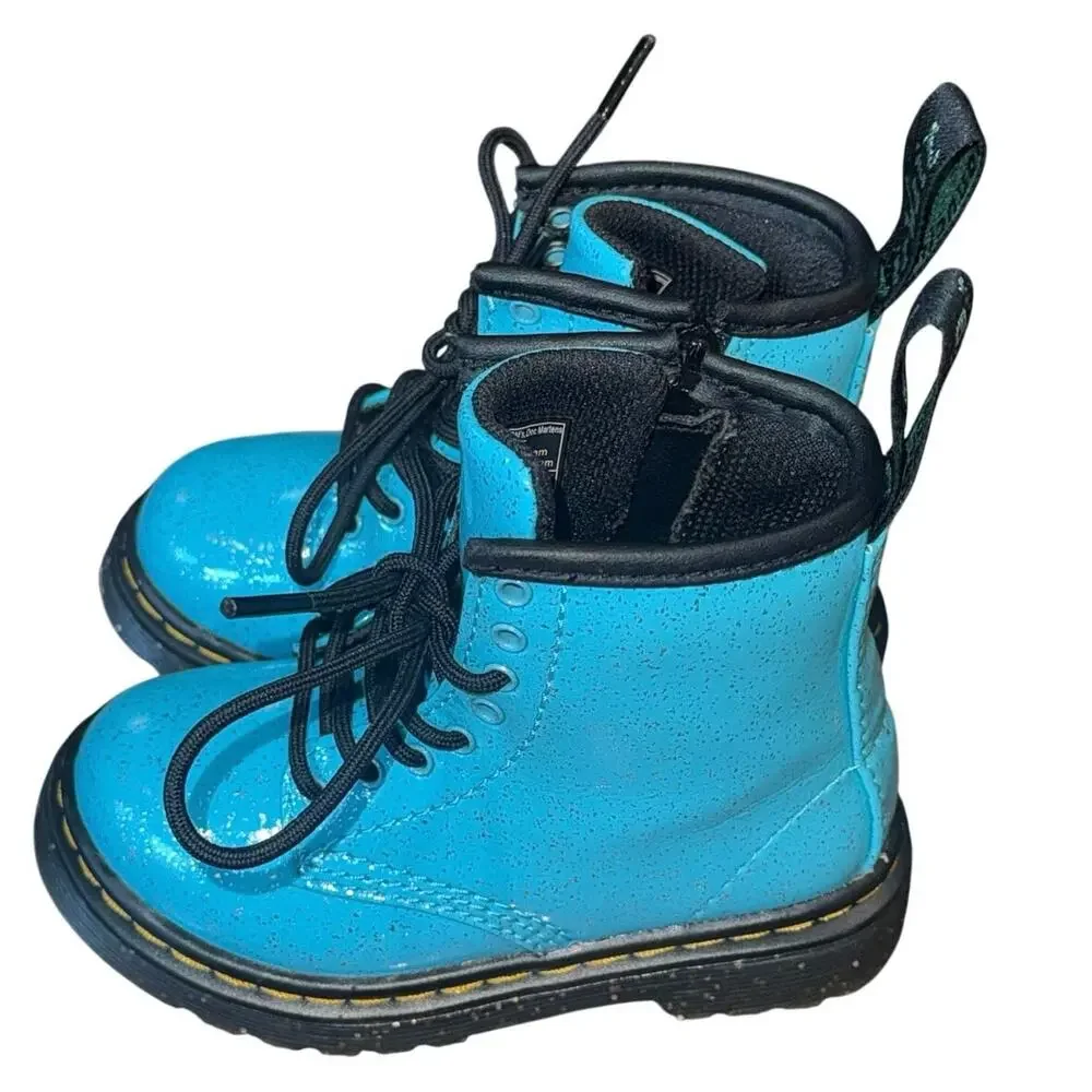 Dr Martens 1460 Cosmic Glitter Turquoise Toddler Boots Size 7 EUC Side Zip